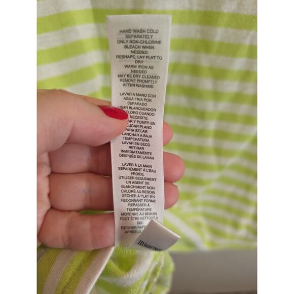 Chico’s Size 3 XL Green White Stripe Asymmetrical Tunic Top ShrtSlve LinenBlend - Picture 7 of 7
